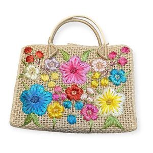 VINTAGE S by CABANA Women’s Natural Multicolor Floral Embroidered Woven Straw Ha